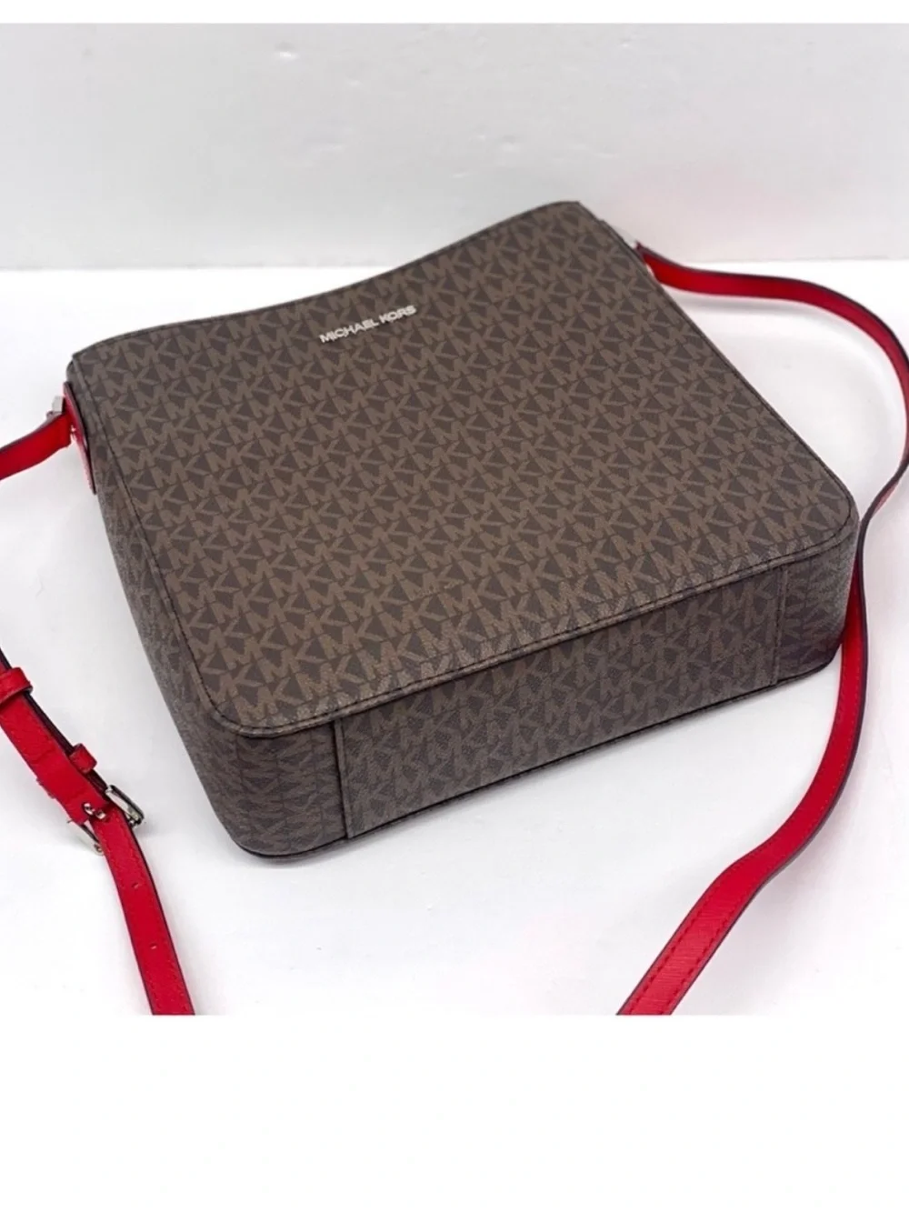 Michael Kors Brown Monogram Messenger Crossbody Bag with Red Strap